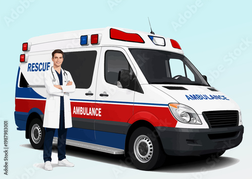 079-22-Medical professional standing confidently beside emergency rescue vehicle providing healthcare service