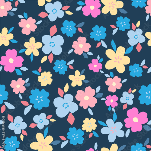 Seamless Pattern with Flower Design on Dark Blue Background. Hand Drawn Vector Illustration. 