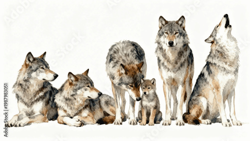 Wild Wolf Family Art Watercolor Wolf Pack isolated watercolor vector illustration svg