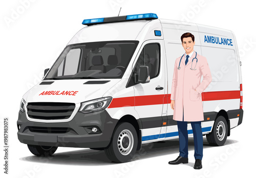 079-23-Medical professional standing confidently beside emergency rescue vehicle providing healthcare service