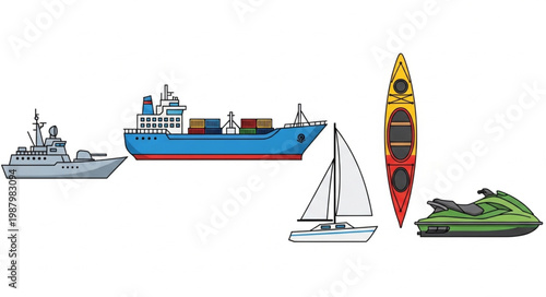 Collection of Various Watercraft and Vessels on White Background.
