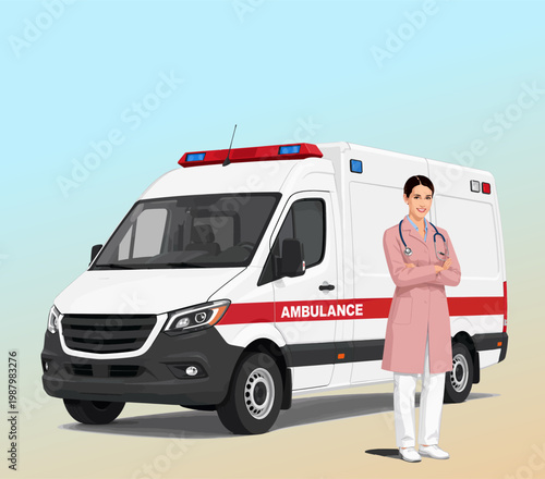 079-24-aMedical professional standing confidently beside emergency rescue vehicle providing healthcare service