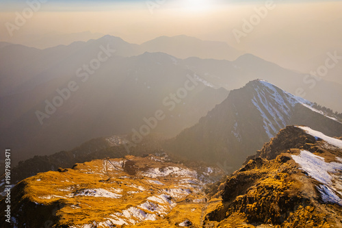 Photography A serene mountain landscape with snow-capped peaks at Tungnath temple, Uttarakha