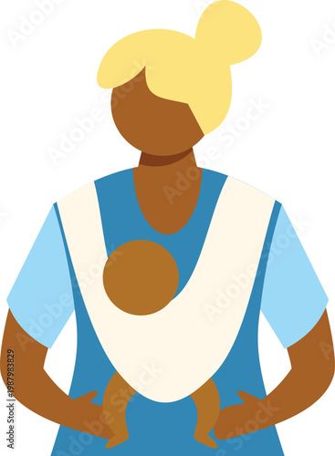 Woman carrying her infant in a baby sling, representing parenthood and care