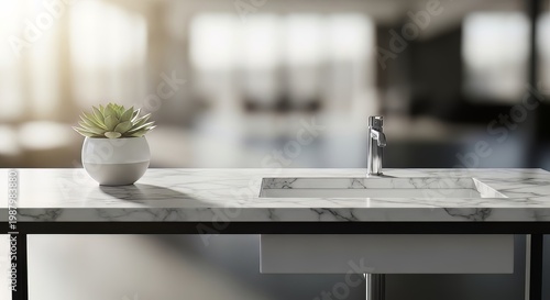 Modern kitchen countertop, marble surface, sink and potted plant, interior design element, home decor inspiration