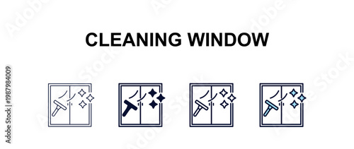 cleaning window multi-style outline icon set - cleaning concept. Thin line, regular, filled, colored cleaning window icon