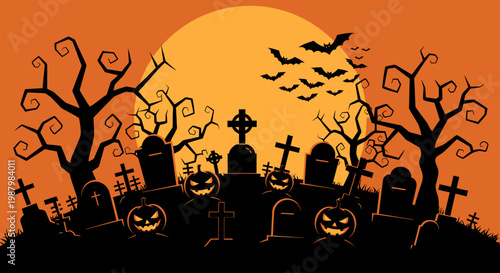 Spooky graveyard scene with jack o lanterns and bats flying under a full moon