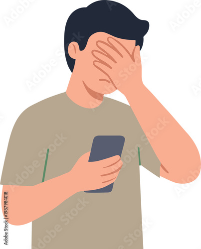 A man covers his face with his hand while holding a phone in front of him.