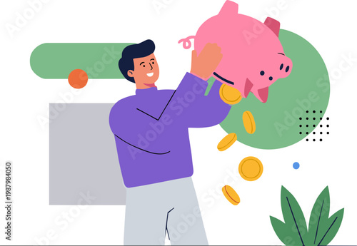A man putting coins into a pink piggy bank on a green background.