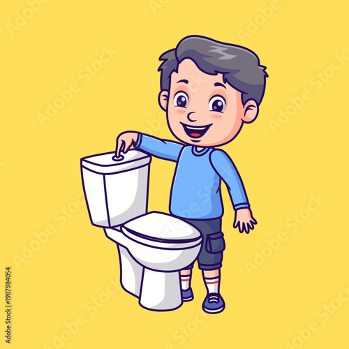 Happy Little Boy Flushing Toilet Cartoon Illustration - Kids Hygiene and Potty Training Concept