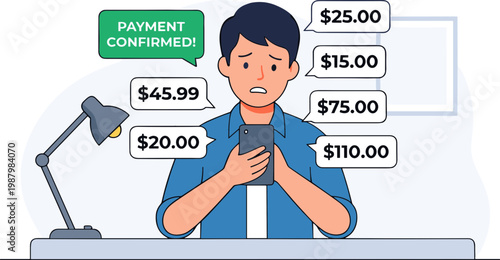 Man sitting at desk looks concerned while checking phone with payment confirmed message and various dollar amounts floating above