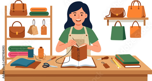A woman works on crafting a leather bag in her workshop surrounded by tools and accessories.