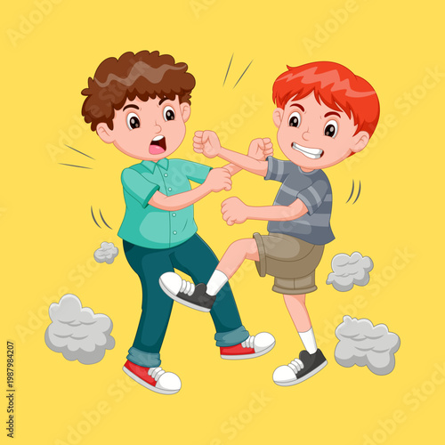 Cartoon Illustration of Two Young Boys Fighting and Bullying, Concept of Childhood Conflict and Aggression