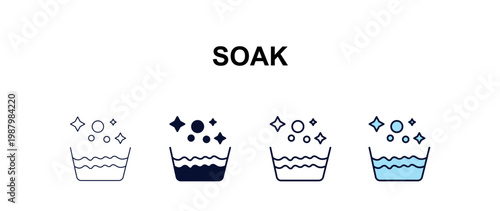 soak multi-style outline icon set - cleaning concept. Thin line, regular, filled, colored soak icon
