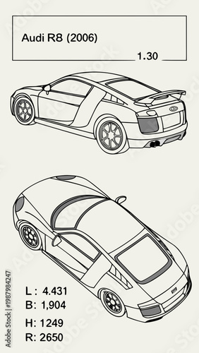 R8 sports car illustration with dimensions line art supercar