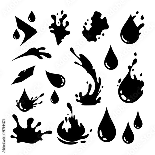 Black ink splashes and droplets collection.