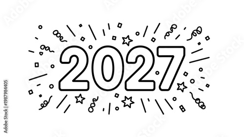 New Year 2027 celebration with confetti and stars illustration