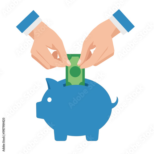 Hands putting money into piggy bank.