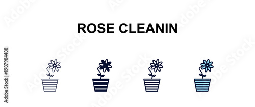 rose cleanin multi-style outline icon set - cleaning concept. Thin line, regular, filled, colored rose cleanin icon