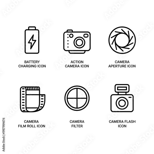 Camera icons and symbols for photography and videography equipment  various tools