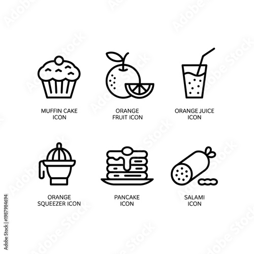 Food icons including muffin cake orange fruit juice squeezer pancake salami