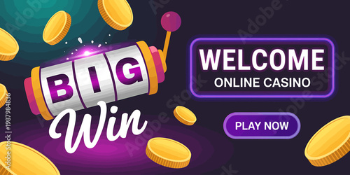 Online casino welcome banner with big win slot machine and gold coins