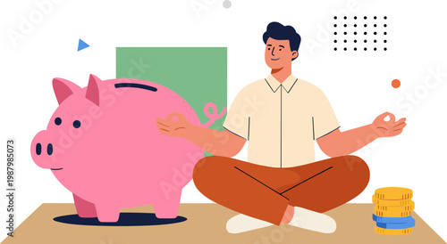 Man meditates beside large pink piggy bank on wooden floor indoors