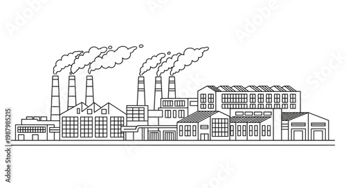 Industrial factory with smoking chimneys and buildings illustration.