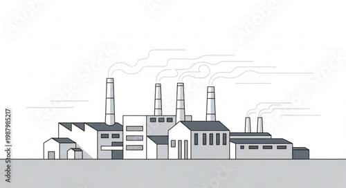 Industrial Factory Building with Smoke Stacks Emitting Smoke.