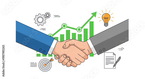 Business partners shaking hands with growth chart and lightbulb.