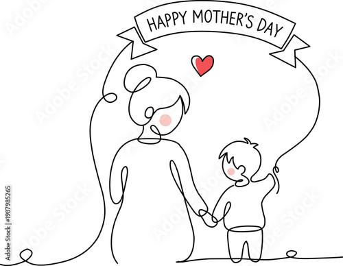 Happy Mother’s Day Minimal Line Art Illustration Mother and Child with Heart