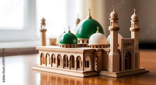 Wooden mosque model with green domes, miniature Islamic architecture on table, handcrafted religious souvenir for Ramadan and Eid celebrations
