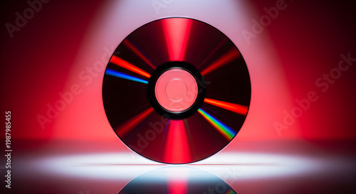 Retro compact disc with rainbow light reflections, vintage CD on red background with spotlight, nostalgic digital media storage for music and data