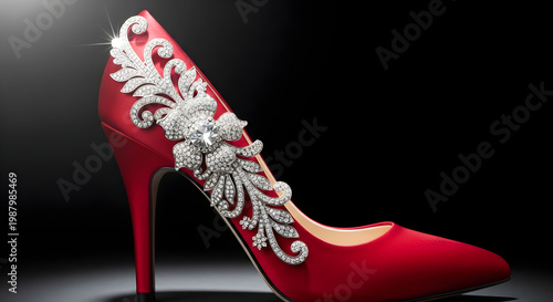 Elegant red satin high heel shoe with diamond floral brooch, luxury bridal stiletto with crystal embellishment, glamorous evening footwear