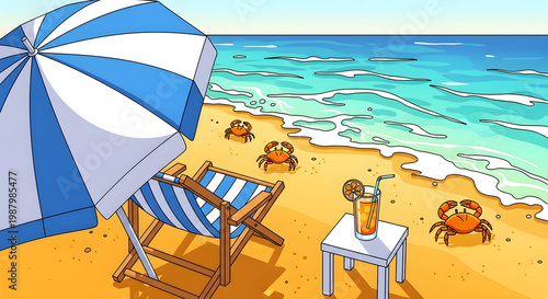 Tropical beach illustration with blue parasol, striped deck chair on sandy shore, ocean waves and orange crabs, summer vacation background