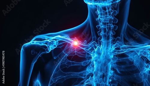 Shoulder Pain Anatomy Illustration: Blue X-Ray Visualization of Human Skeleton and Pain Point