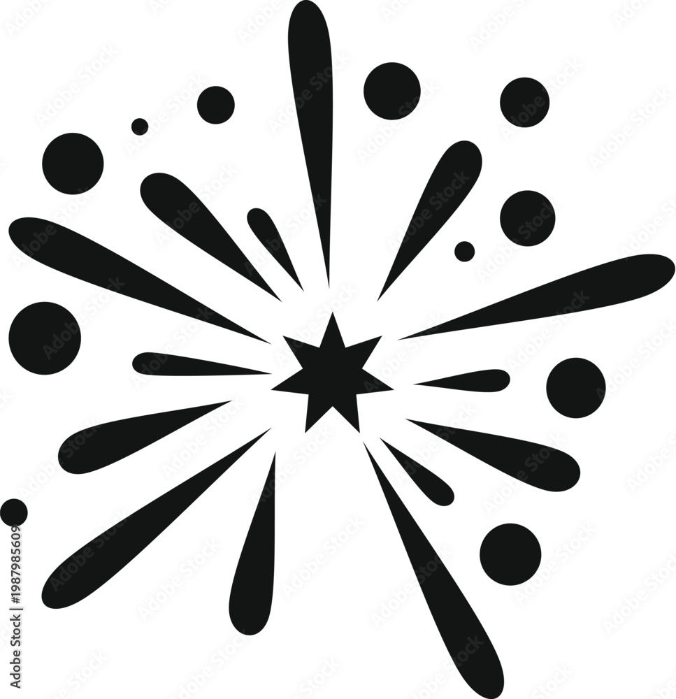 Fototapeta premium Stylized black and white fireworks or explosion with a central starburst icon
