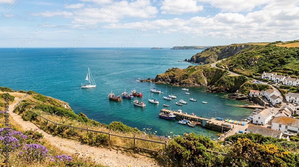 Fototapeta premium Coastal Harbor with Boats and Turquoise Sea Surrounded by Cliffs