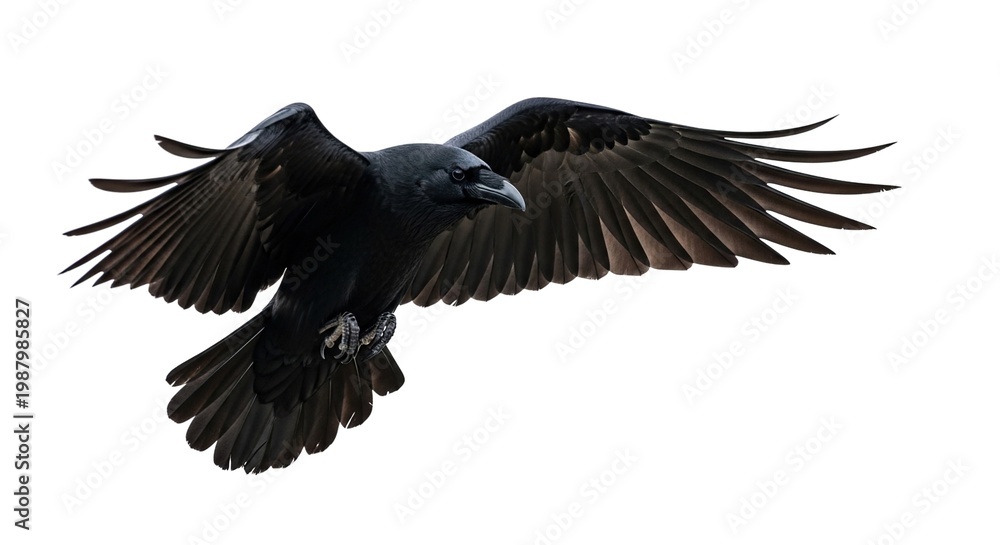 Fototapeta premium Black Raven Flying with Wings Spread Isolated – Dark Bird in Flight