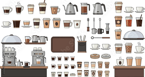 
Coffee Shop Element Set with Espresso Machine, Cups, Takeaway Mugs, Kettle, Barista Tools, and Cafe Equipment for Coffee Brand Designs