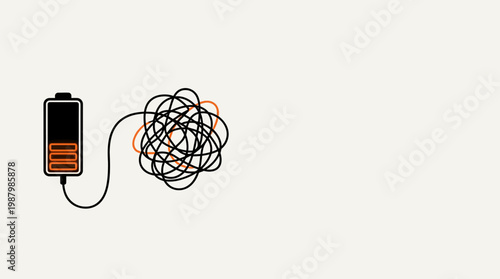 Low battery draining power into tangled black orange lines, symbolizing stress, mental overwhelm, anxiety. Minimalist flat vector art on light background, isolated conceptual illustration.