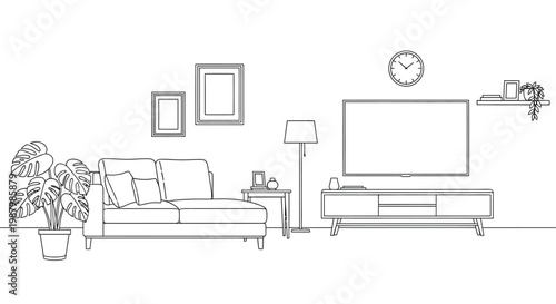 A minimalist living room interior featuring a sofa television plants and wall decorations