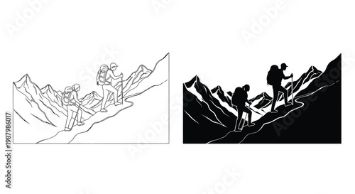 Hikers climbing mountain peak with trekking poles and backpacks in vector illustration