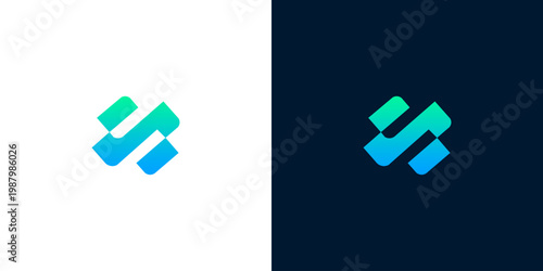 Modern abstract digital logo design featuring a dynamic, flowing geometric shape in a vibrant blue and green gradient, perfect for innovative brands seeking a contemporary and professional identity