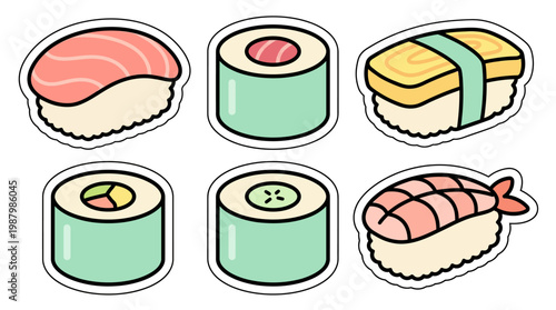 A diverse set of six popular sushi and maki rolls, showcasing fresh Japanese culinary delight in a cute colorful flat vector illustration with bold outlines, isolated on white.