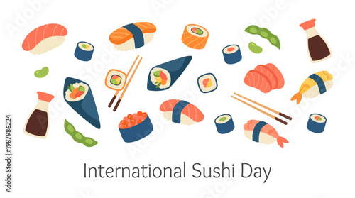 Vibrant assortment of Japanese sushi, sashimi, maki, with soy sauce, edamame, chopsticks, celebrating Asian cuisine; modern flat vector art, bright colors, isolated elements on white banner.