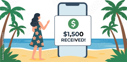 Woman on beach receives $1,500 on her phone with palm trees