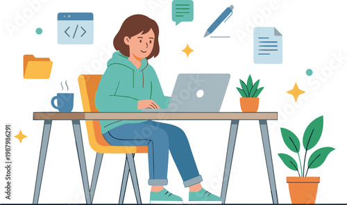 Woman sitting at desk with laptop, surrounded by documents and plants in office