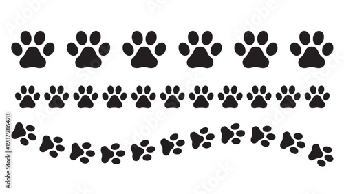 Various black animal paw prints arranged in rows and a curved trail on a white background.