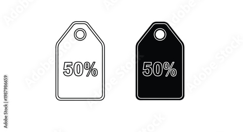 Vector graphic illustration of two fifty percent off sale tags in black and white design